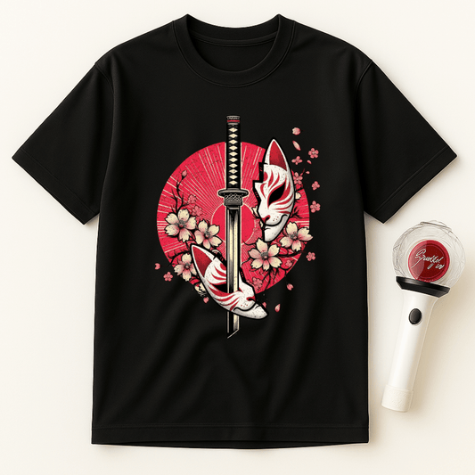 KATANA KITSUNE MASK CHERRY BLOSSOMS UNISEX T-SHIRT