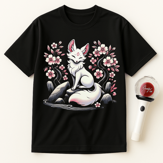WHITE FOX WITH SAKURA BLOSSOMS UNISEX T-SHIRT
