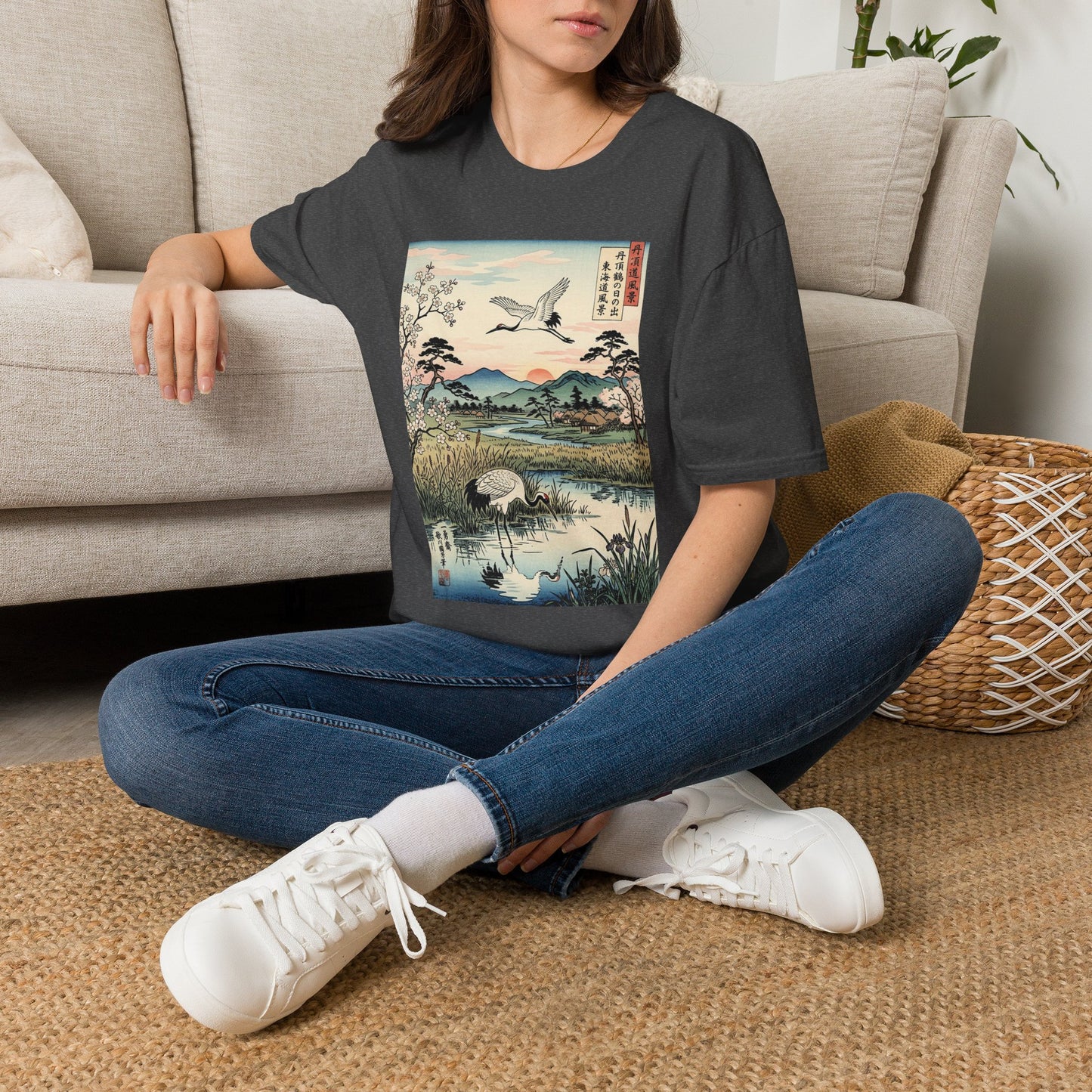 Japanese Crane Print T-Shirt — Vintage Ukiyo-e Landscape Tee