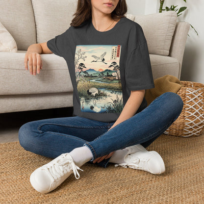 Japanese Crane Print T-Shirt — Vintage Ukiyo-e Landscape Tee