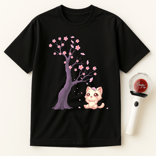 CAT UNDER CHERRY BLOSSOM TREE UNISEX T-SHIRT