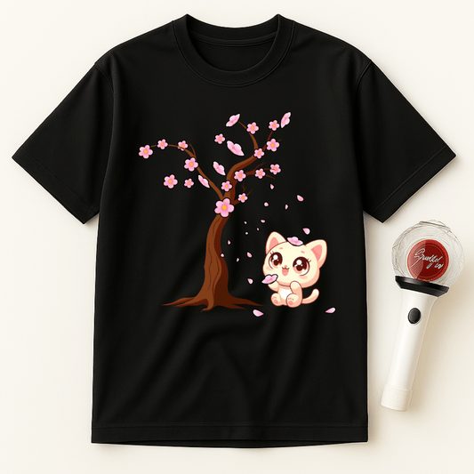 CAT WITH SAKURA TREE BLOSSOMS UNISEX T-SHIRT
