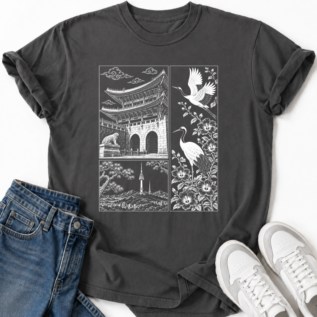 KOREAN TEMPLE & CRANES T-SHIRT