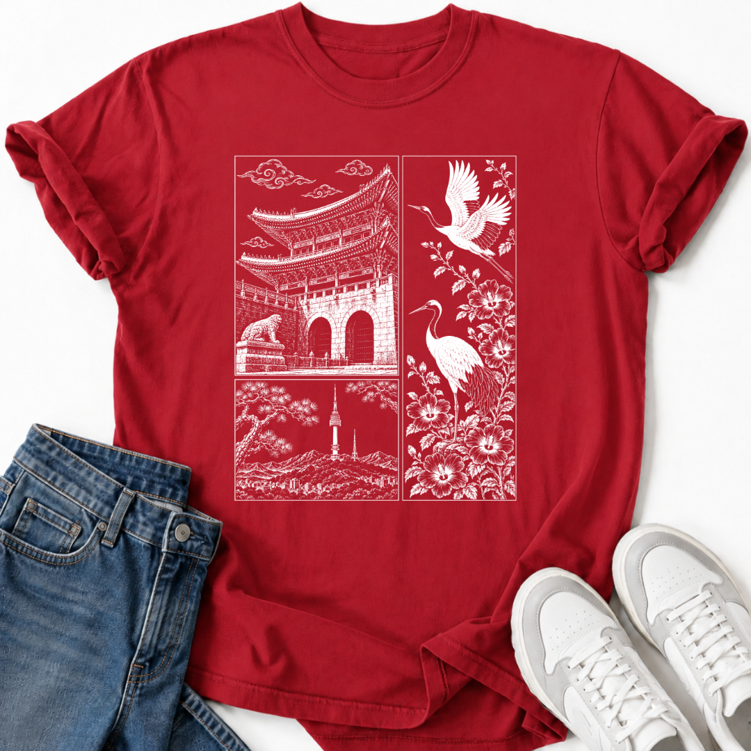 KOREAN TEMPLE & CRANES T-SHIRT
