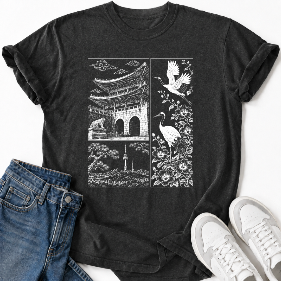 KOREAN TEMPLE & CRANES T-SHIRT