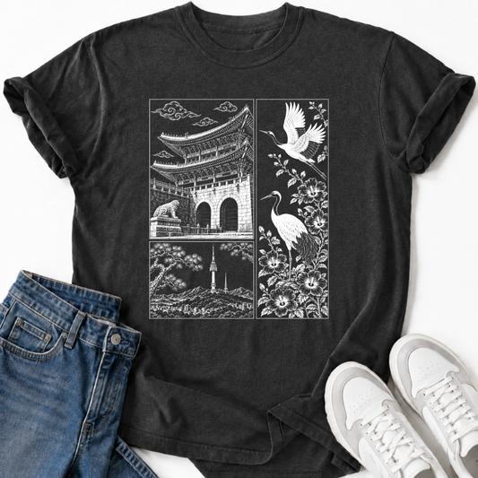 KOREAN TEMPLE & CRANES T-SHIRT