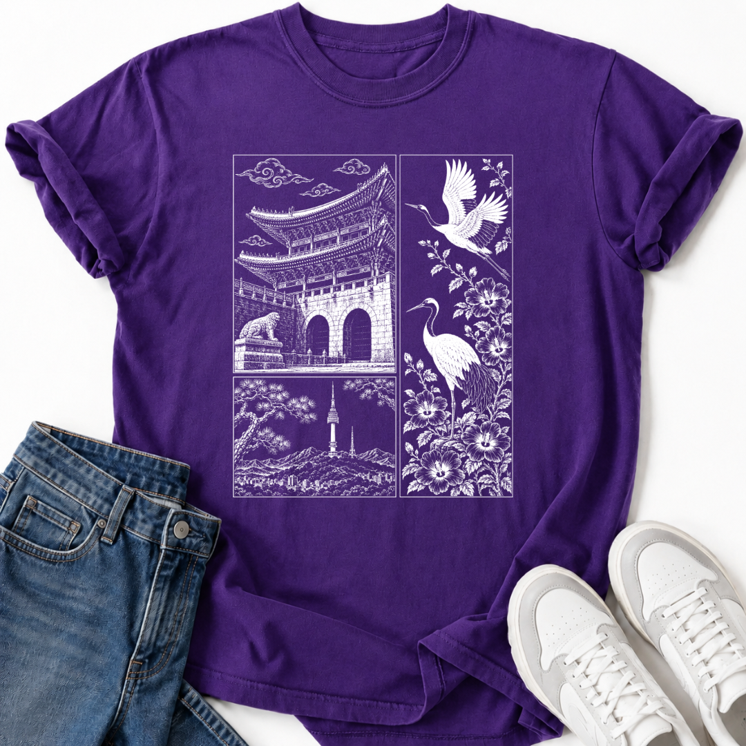 KOREAN TEMPLE & CRANES T-SHIRT