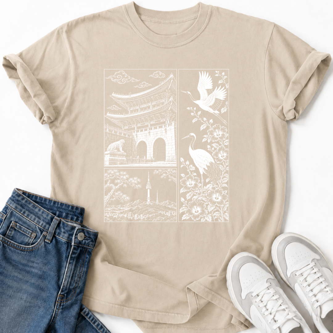 KOREAN TEMPLE & CRANES T-SHIRT