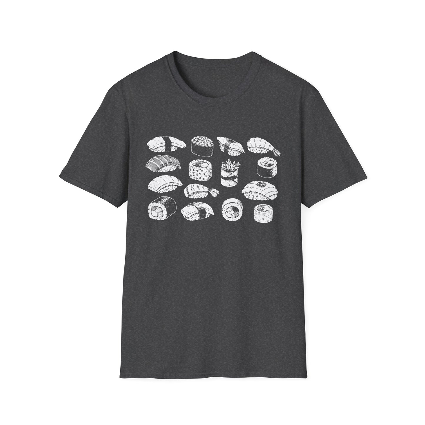 Sushi Pattern T-Shirt — White Hand-Drawn Sushi Icons Tee