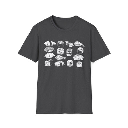 Sushi Pattern T-Shirt — White Hand-Drawn Sushi Icons Tee