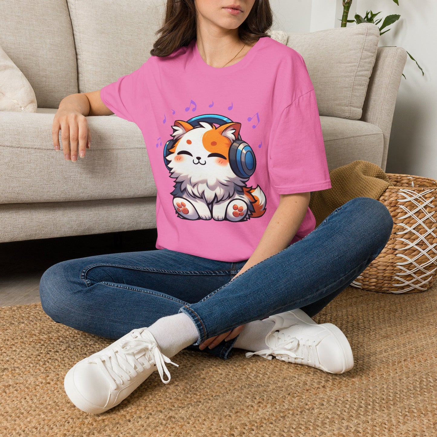 Cute Cat Music Lover T-Shirt - Unisex Softstyle Tee with Headphones and Musical Notes