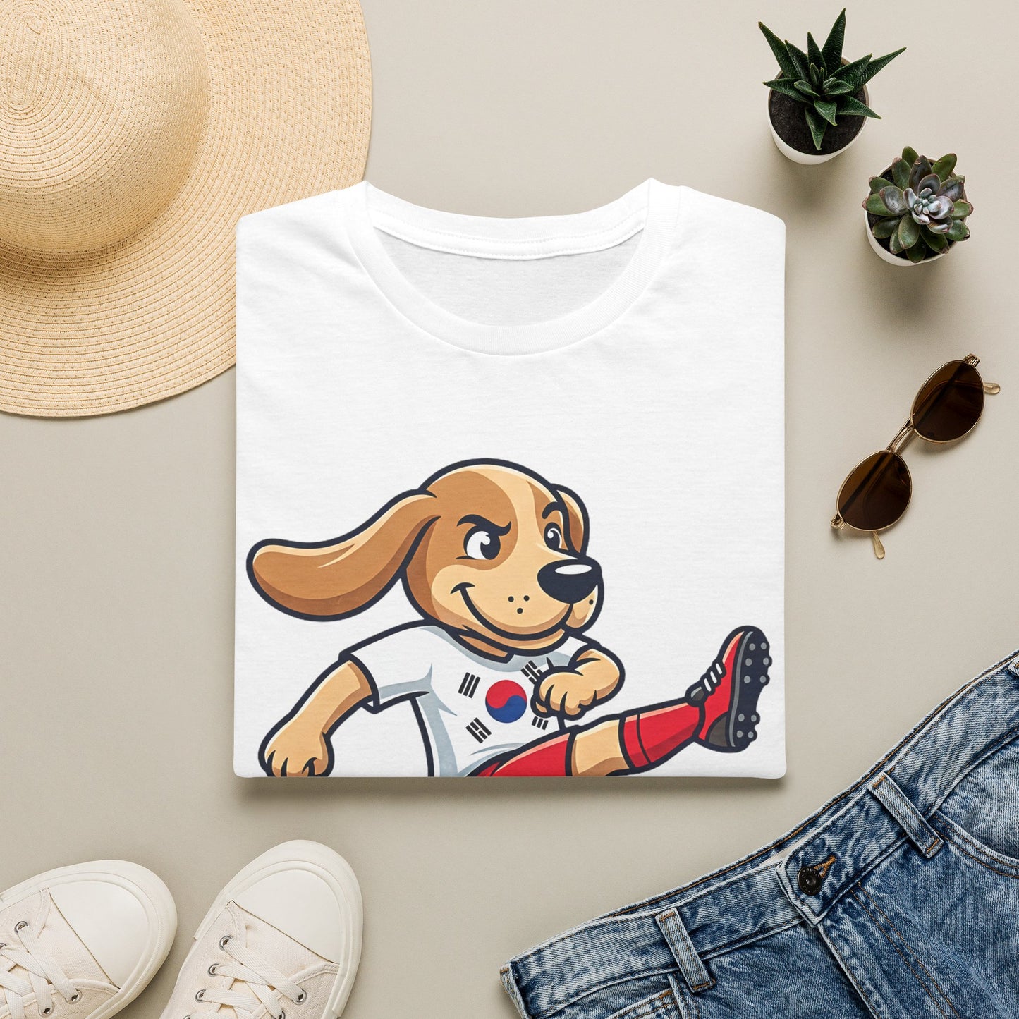 Kids’ Soccer Dog T-Shirt — Cute Cartoon Puppy Kicking Ball (Korean Flag Jersey)