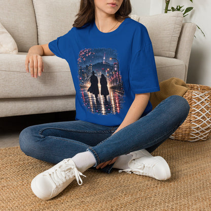 Romantic Night Stroll T-Shirt — Couple Silhouette Under Cherry Blossoms