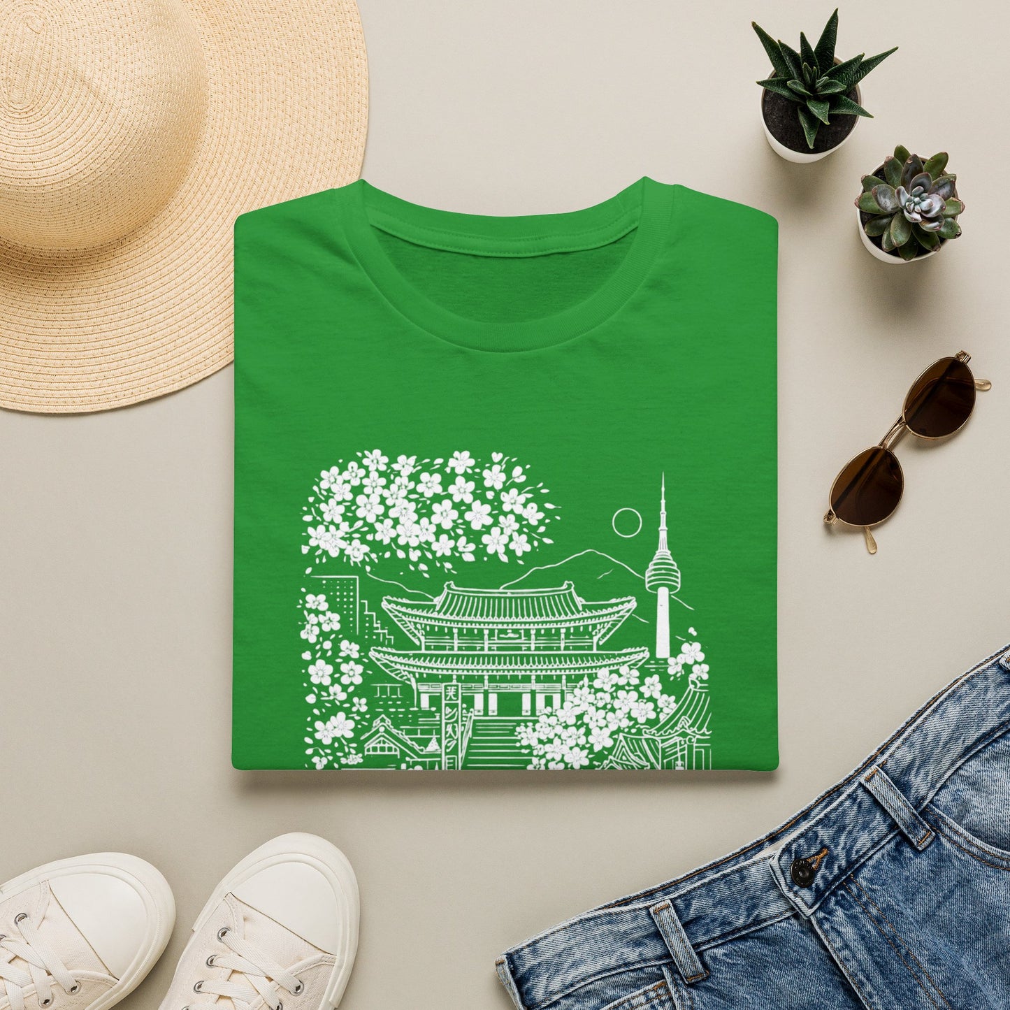 Korean Temple & Cherry Blossom T-Shirt — Seoul Pagoda Skyline Tee