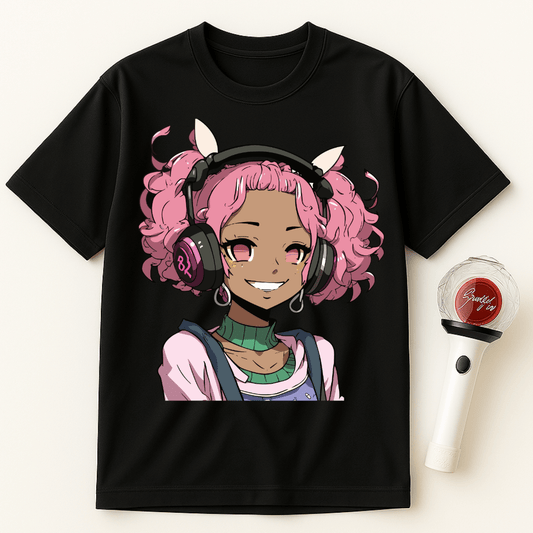 PINK HEADPHONES ANIME GIRL UNISEX T-SHIRT