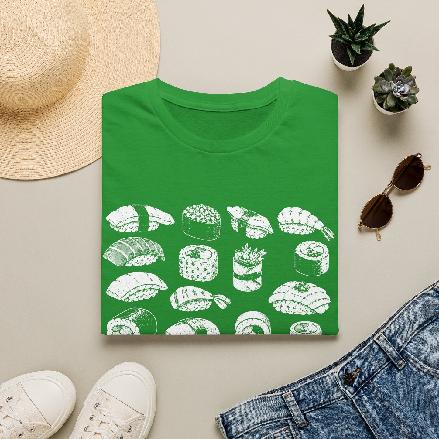 Sushi Pattern T-Shirt — White Hand-Drawn Sushi Icons Tee