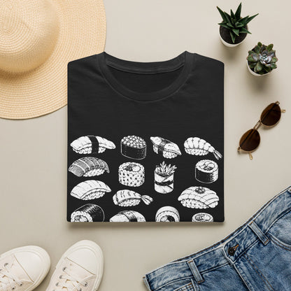 Sushi Pattern T-Shirt — White Hand-Drawn Sushi Icons Tee