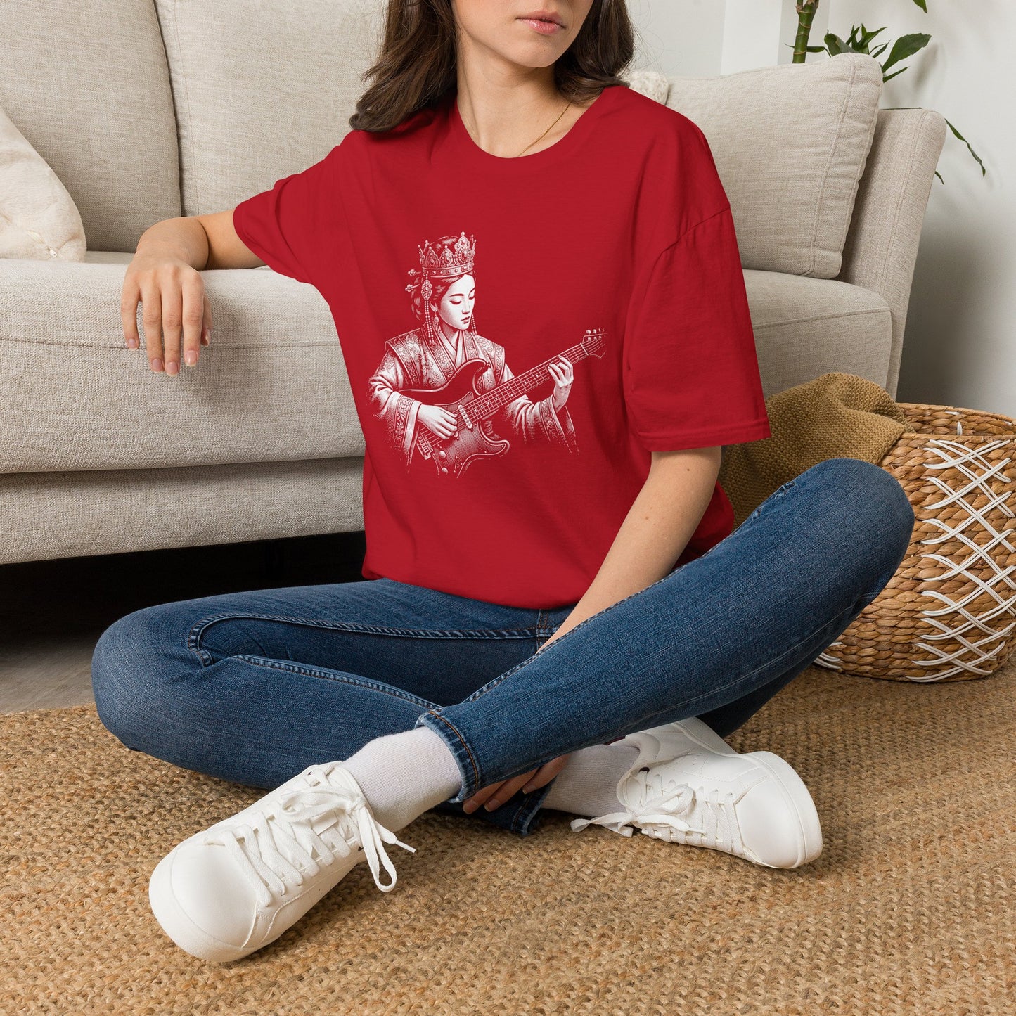Queen Guitarist T‑Shirt — Regal Woman Playing Electric Guitar Tee