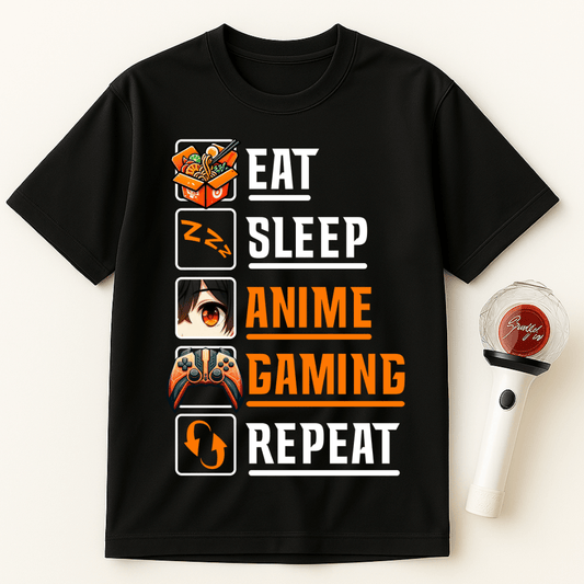 EAT SLEEP ANIME GAMING REPEAT ICONS UNISEX T-SHIRT