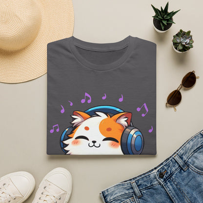 Cute Cat Music Lover T-Shirt - Unisex Softstyle Tee with Headphones and Musical Notes