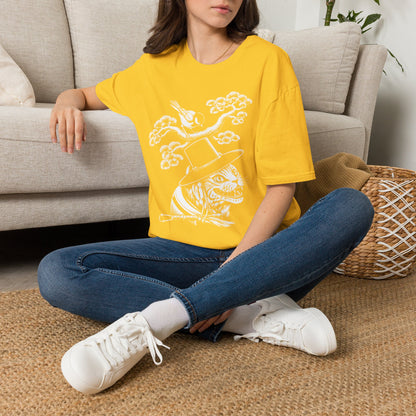 Cat in Top Hat T-Shirt — Whimsical Noir Cat & Bird Graphic Tee
