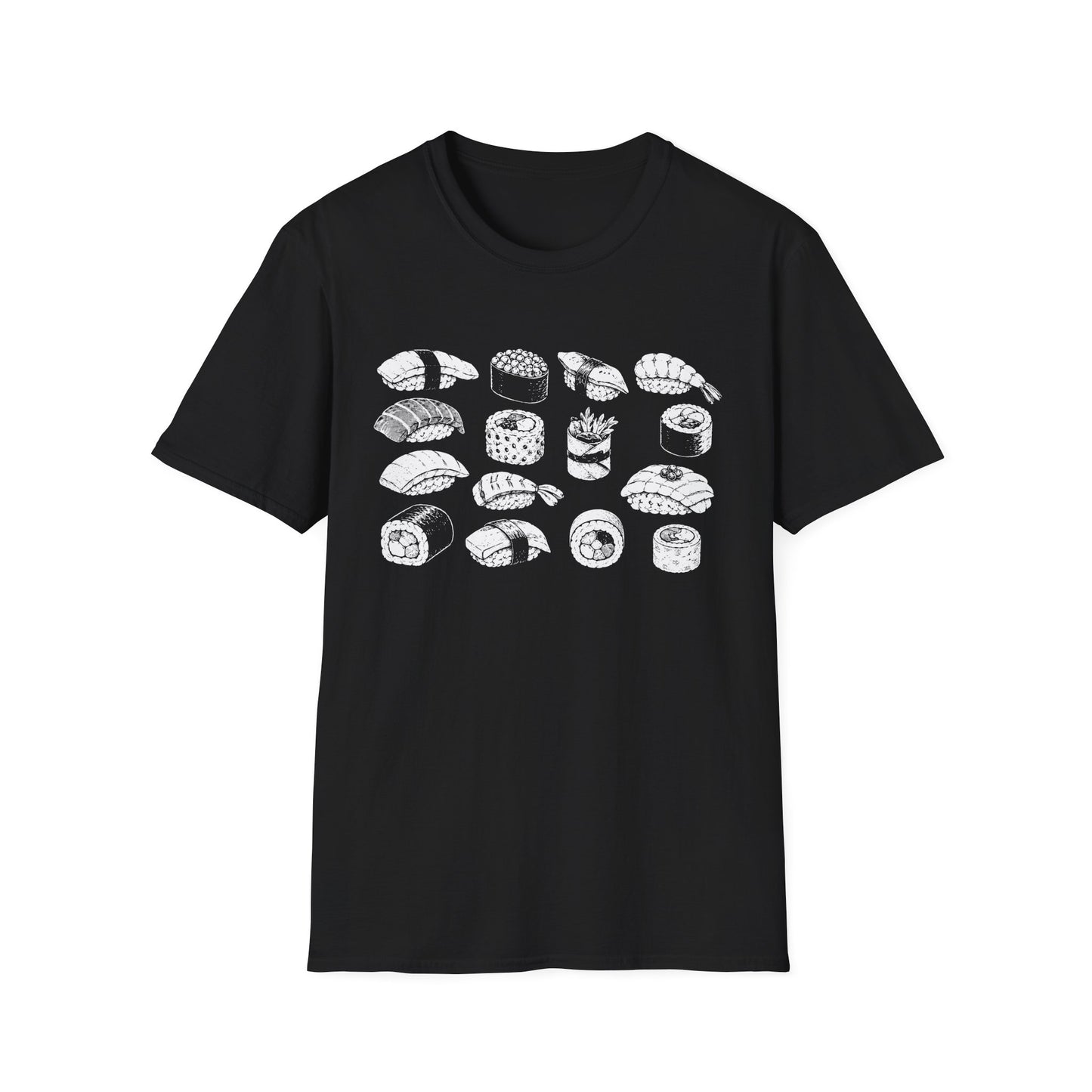 Sushi Pattern T-Shirt — White Hand-Drawn Sushi Icons Tee
