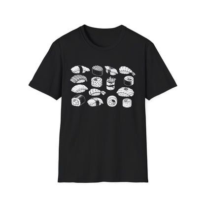 Sushi Pattern T-Shirt — White Hand-Drawn Sushi Icons Tee