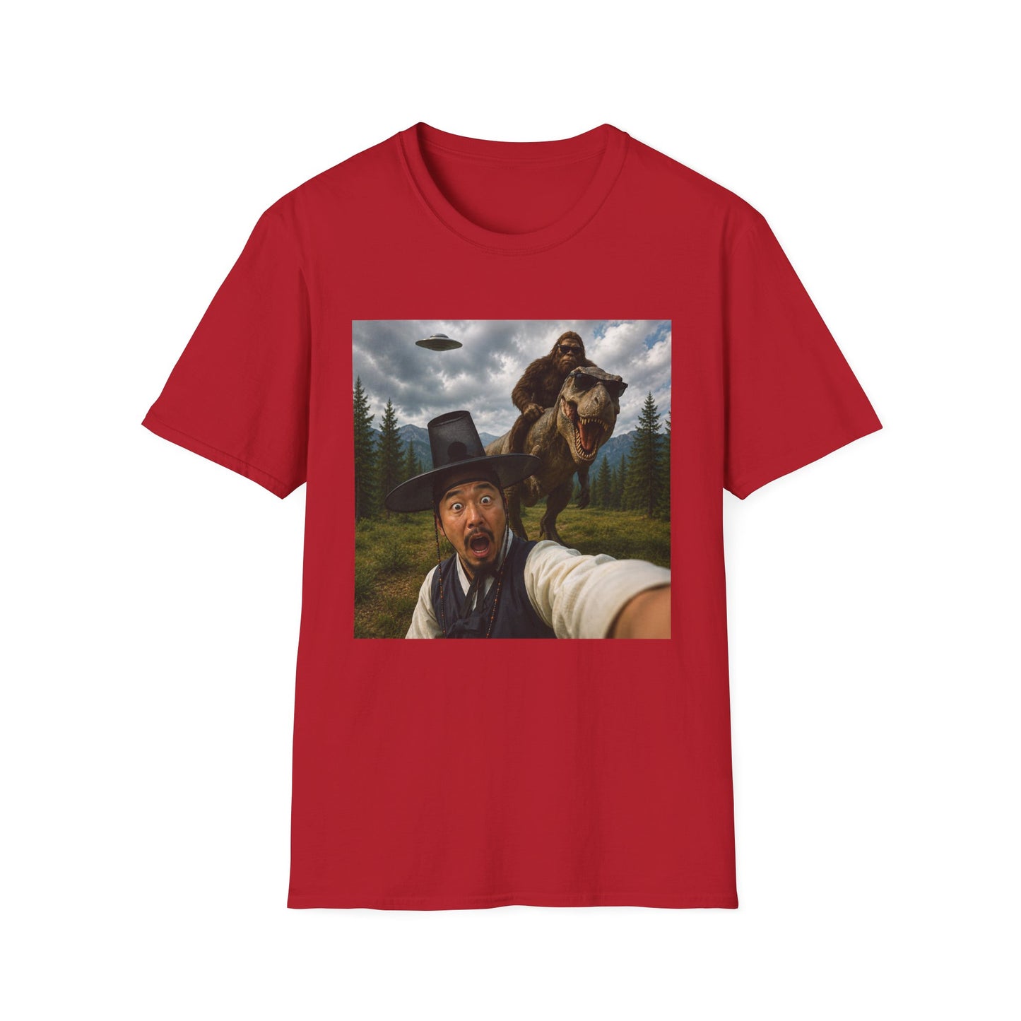Funny Bigfoot Selfie T-Shirt — UFO, T-Rex & Sasquatch Wilderness Tee