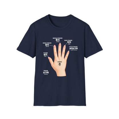 Korean Finger Labels T-Shirt — Hand Anatomy Graphic Tee (Index, Middle, Ring, Pinky, Thumb)