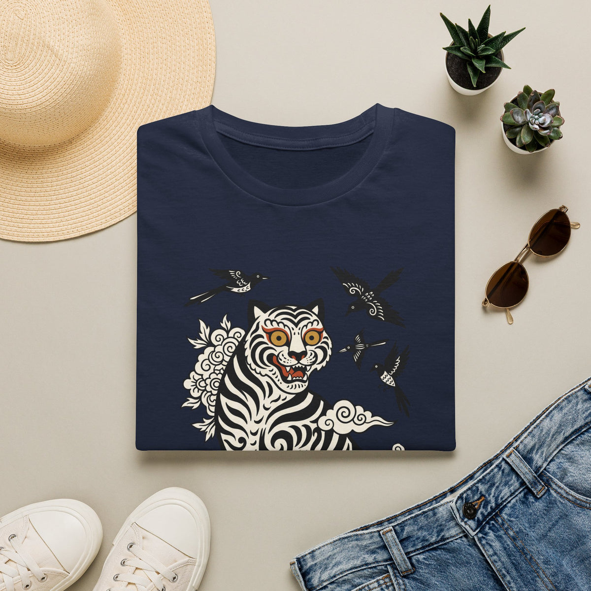 Tiger & Crows Graphic T-Shirt — Bold Japanese-Inspired Tattoo Style