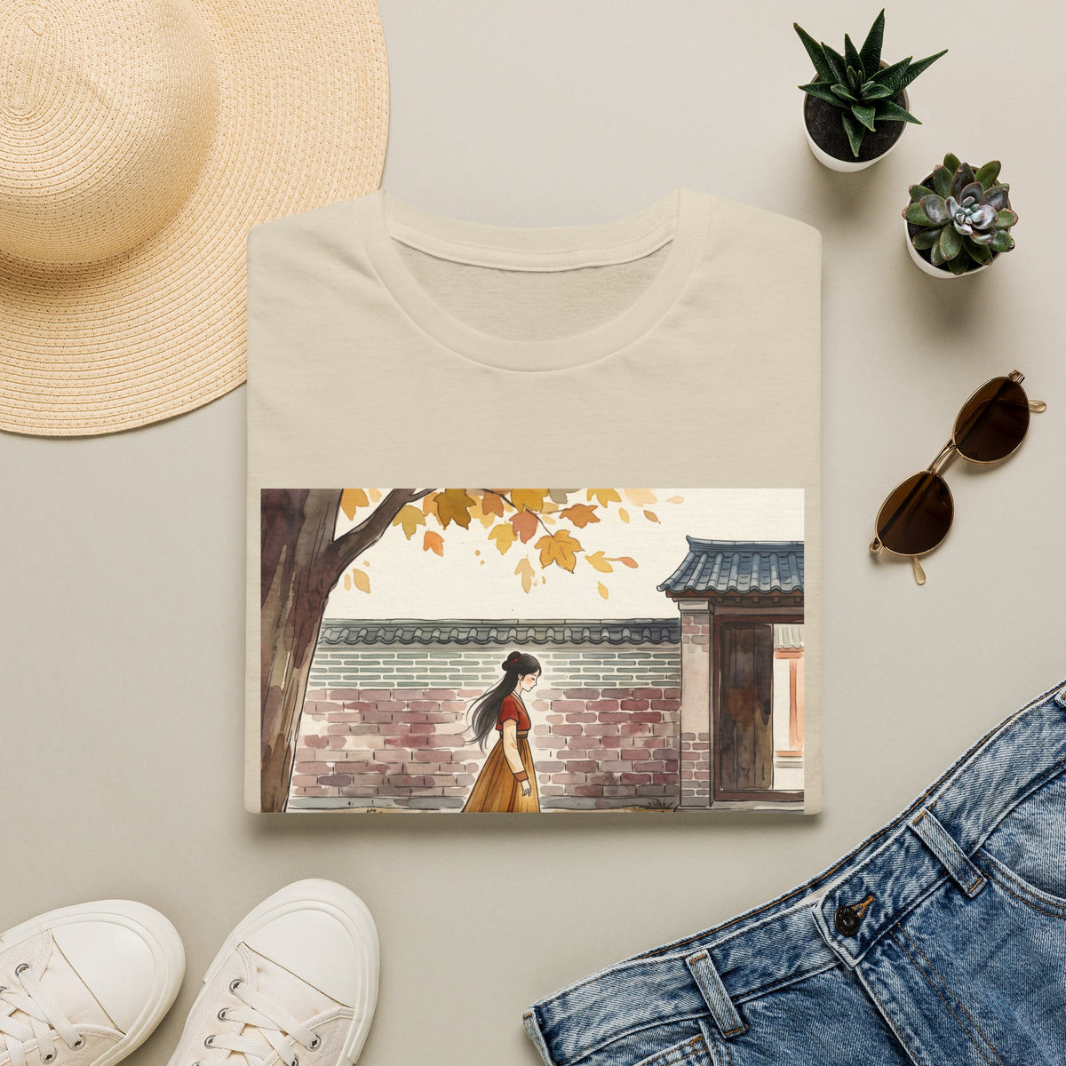 Autumn Stroll Tee — Woman in Traditional Dress Illustration