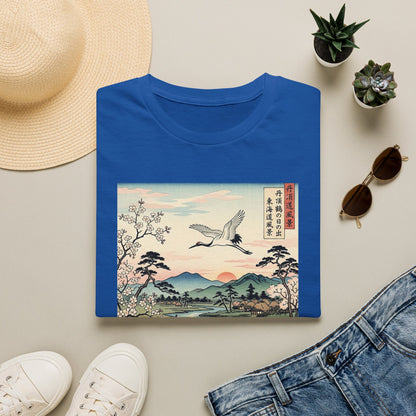 Japanese Crane Print T-Shirt — Vintage Ukiyo-e Landscape Tee