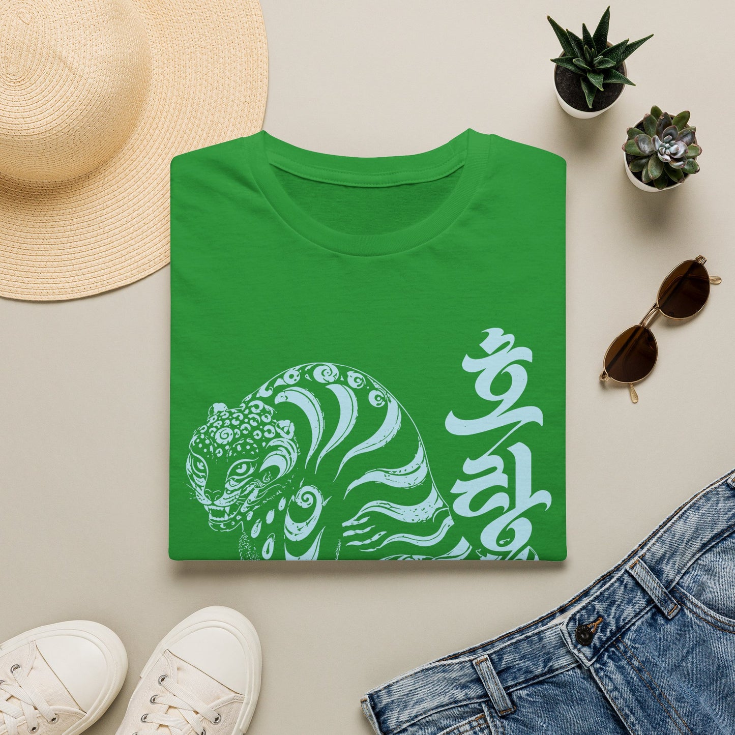 Korean Tiger Graphic T‑Shirt — Stylized Blue Tiger with Hangul Accent