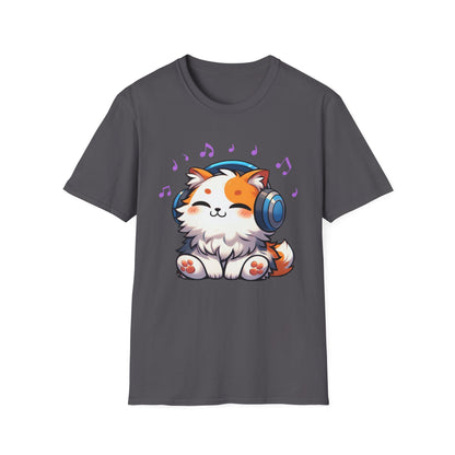 Cute Cat Music Lover T-Shirt - Unisex Softstyle Tee with Headphones and Musical Notes