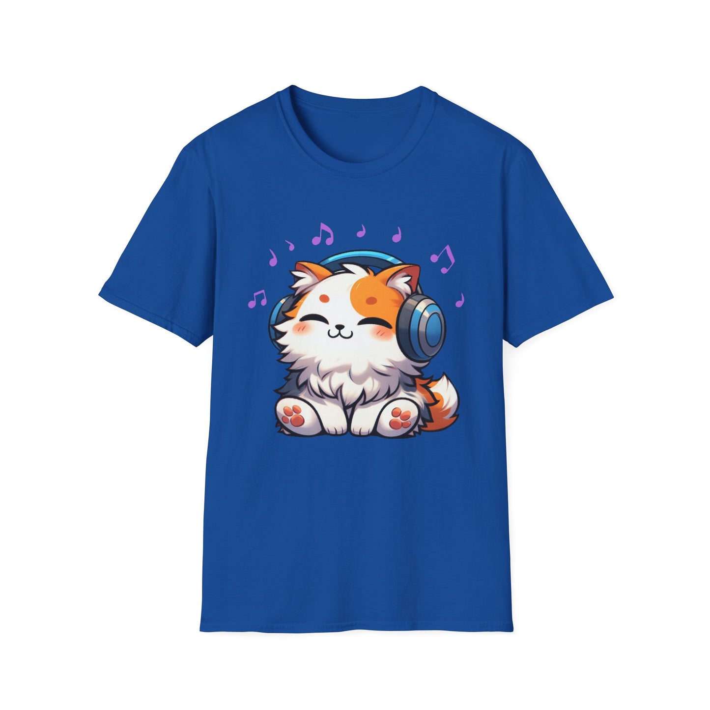 Cute Cat Music Lover T-Shirt - Unisex Softstyle Tee with Headphones and Musical Notes
