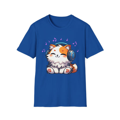 Cute Cat Music Lover T-Shirt - Unisex Softstyle Tee with Headphones and Musical Notes