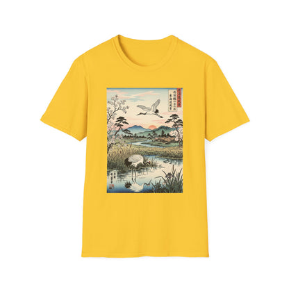 Japanese Crane Print T-Shirt — Vintage Ukiyo-e Landscape Tee