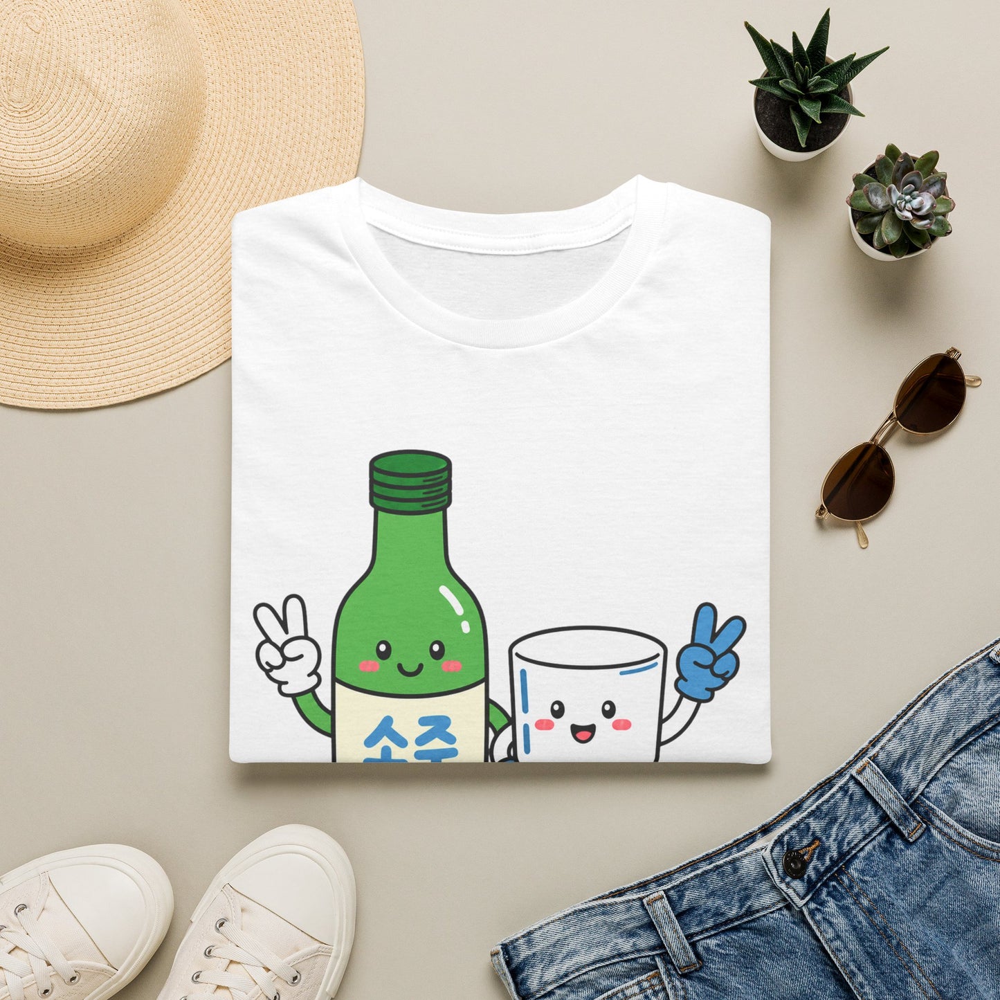 Soju & Shot Glass T‑Shirt — Cute Kawaii Cheers Design (짠!)