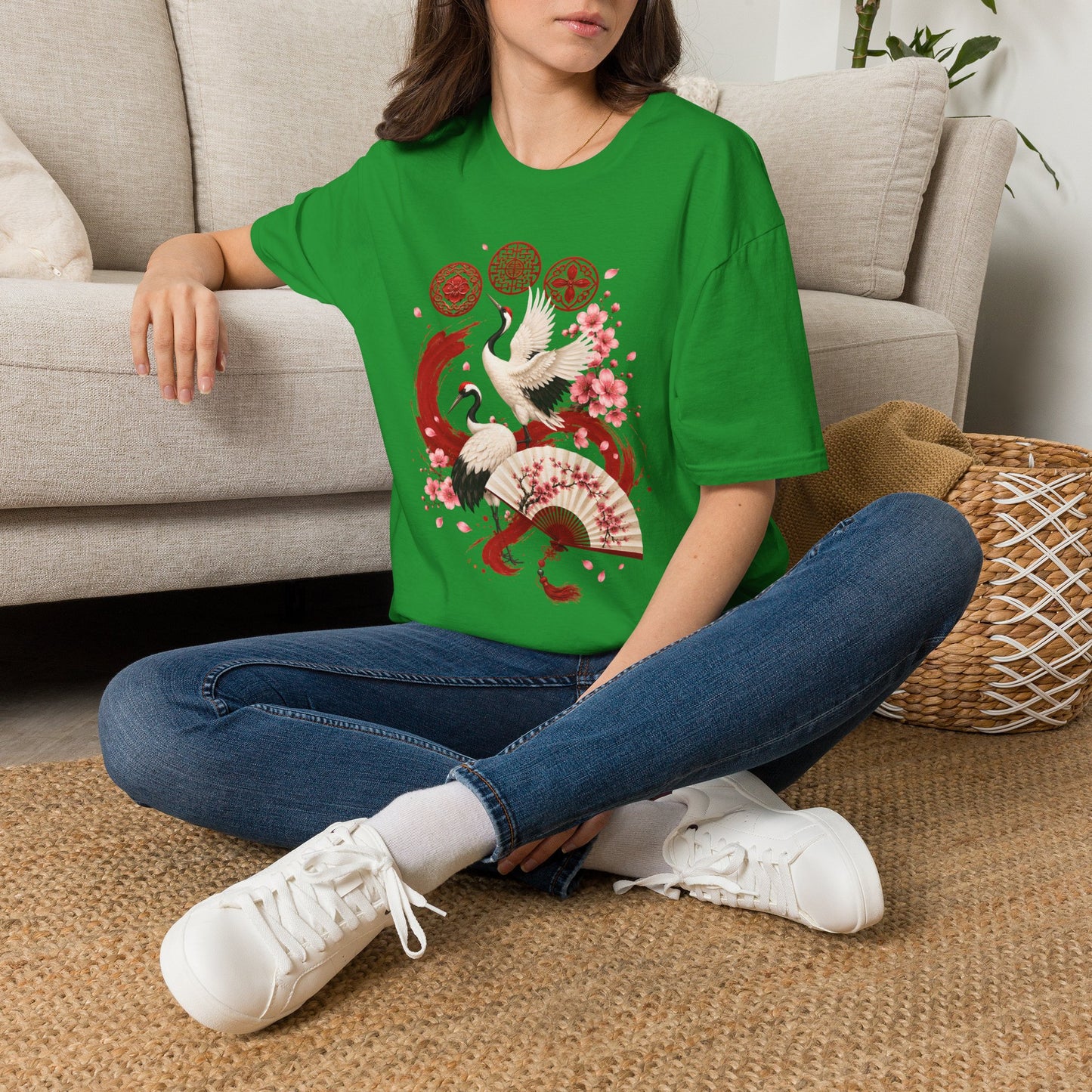 Crane & Cherry Blossom T-Shirt — Asian-Inspired Zen Floral Design