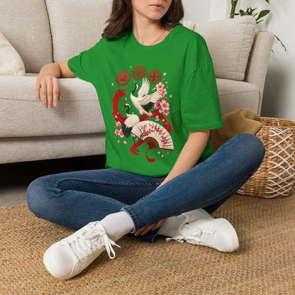 Crane & Cherry Blossom T-Shirt — Asian-Inspired Zen Floral Design