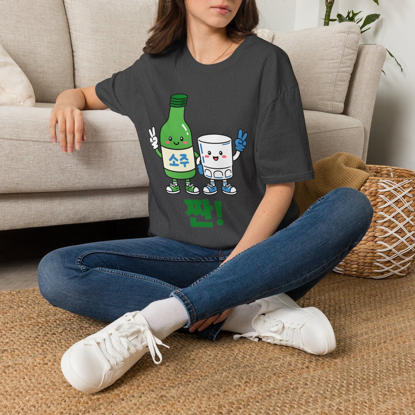 Soju & Shot Glass T‑Shirt — Cute Kawaii Cheers Design (짠!)