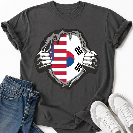 USA & SOUTH KOREA FLAG RIPPED CHEST T-SHIRT