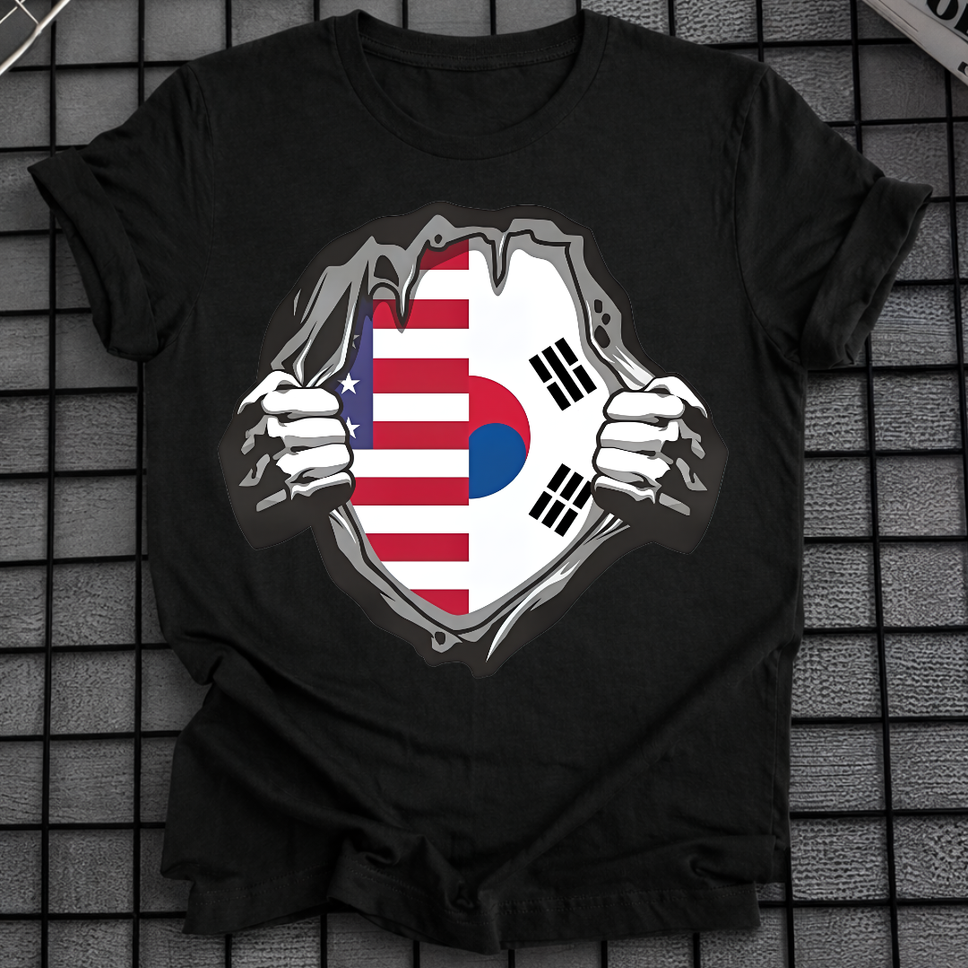 USA & SOUTH KOREA FLAG RIPPED CHEST T-SHIRT