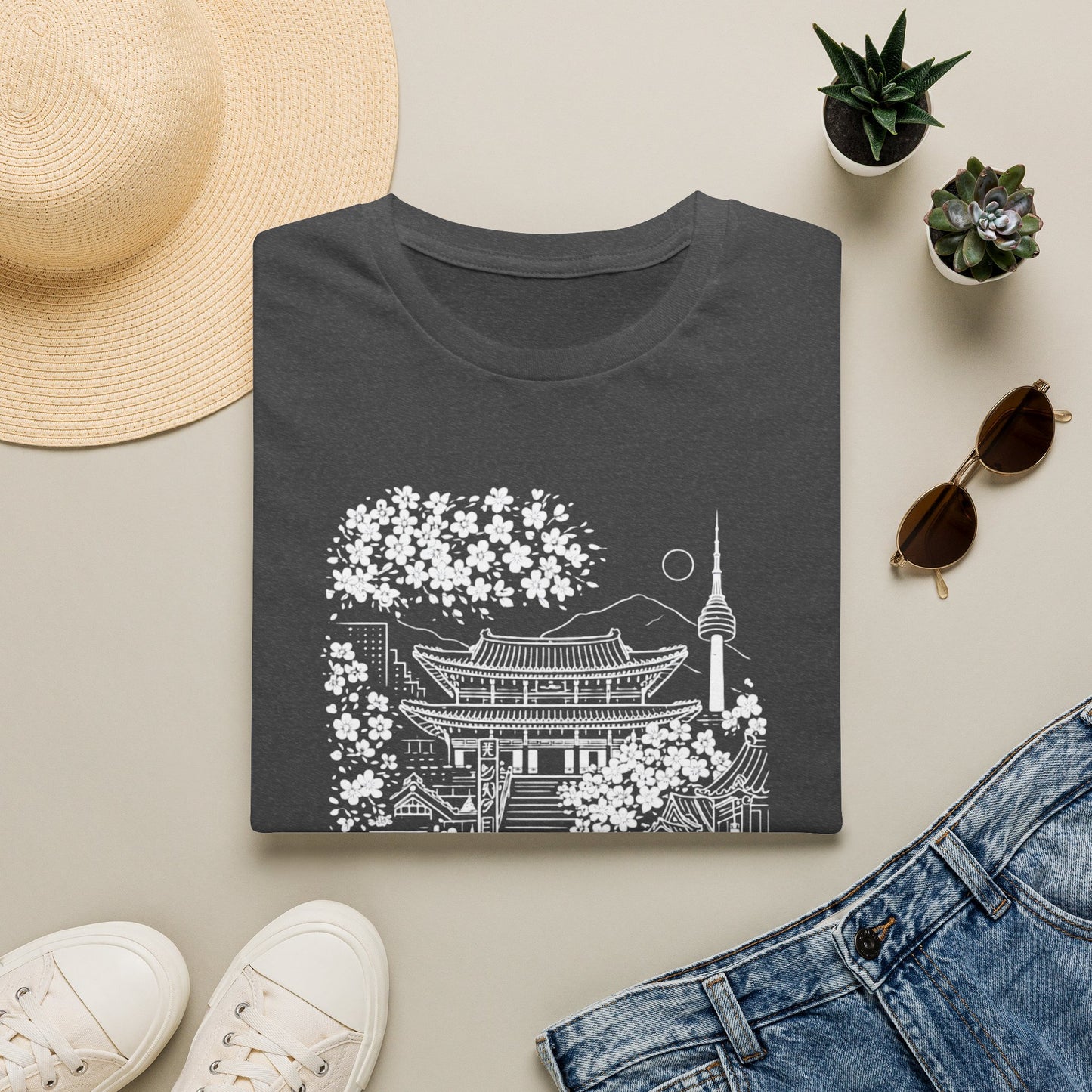 Korean Temple & Cherry Blossom T-Shirt — Seoul Pagoda Skyline Tee