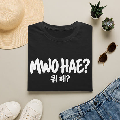 Mwo Hae? Korean Phrase T-Shirt — Casual Hangout Tee with Korean '뭐 해?' Graphic