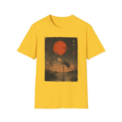 Crane & Red Sun T-Shirt — Japanese Vintage Sunset Tee