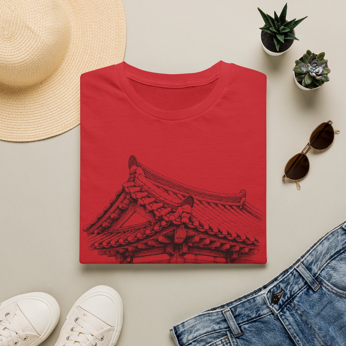 T-Shirt — Hanok Roof Sketch Tee with '한옥' Korean Heritage Design