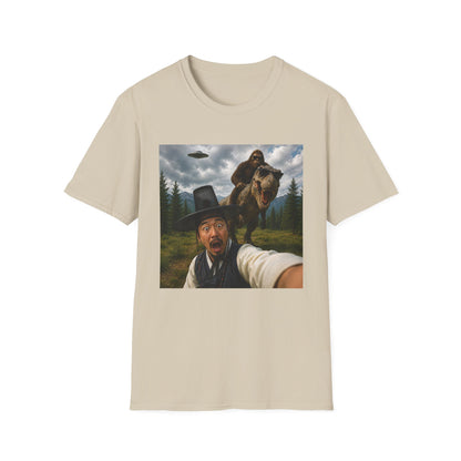 Funny Bigfoot Selfie T-Shirt — UFO, T-Rex & Sasquatch Wilderness Tee