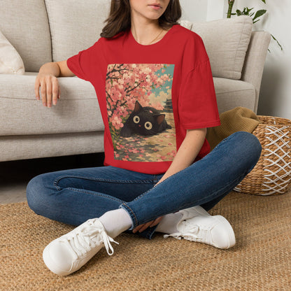 Cherry Blossom Cat T-Shirt — Cute Black Cat Under Sakura Scene