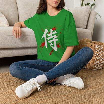 Samurai Kanji T‑Shirt — Bold White Character with Red Blood Splatter Graphic